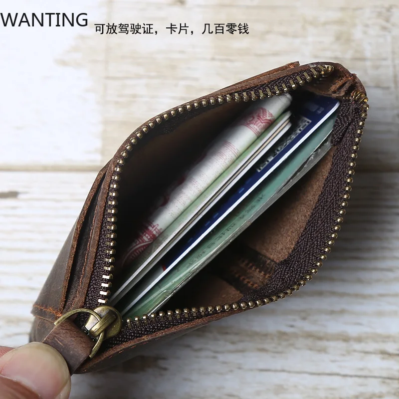 Hand-Made Leather Mini Wallet Man Retro First-Layer Cow Pickup Bag Change Purse Crazy Horse Leather Simple Driver's License Bag - Image 6